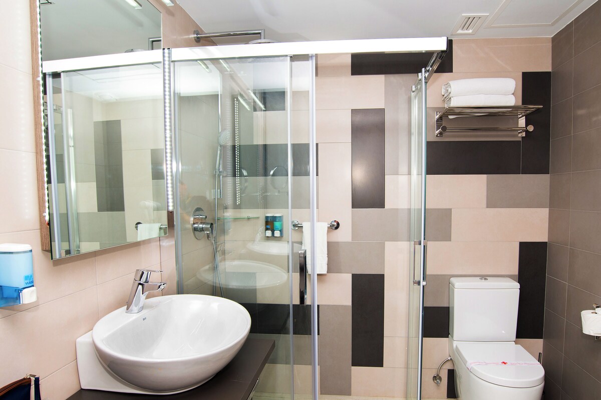 A modern bathroom with a glass-enclosed shower, a large white sink, and a toilet.