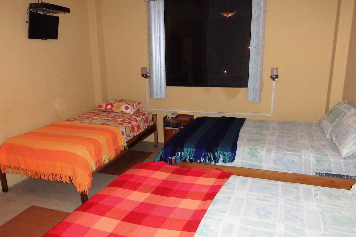 A room with two single beds, a window, a wall-mounted TV, and a small bedside table.