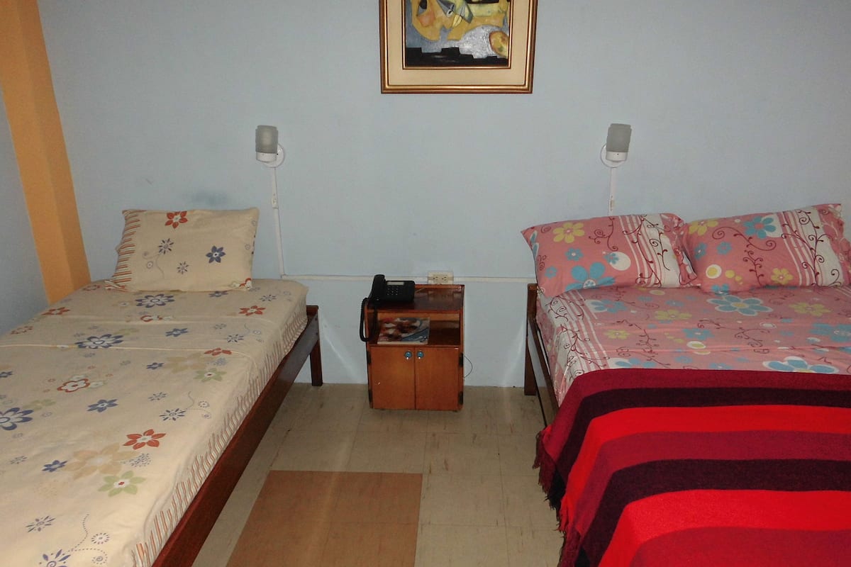 A room with two single beds, each with floral bedding. There is a small wooden nightstand with a telephone between the beds.
