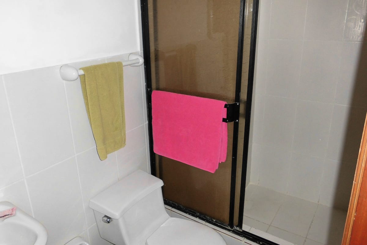 Un baño con un inodoro, cabina de ducha y dos toallas colgadas en un perchero.