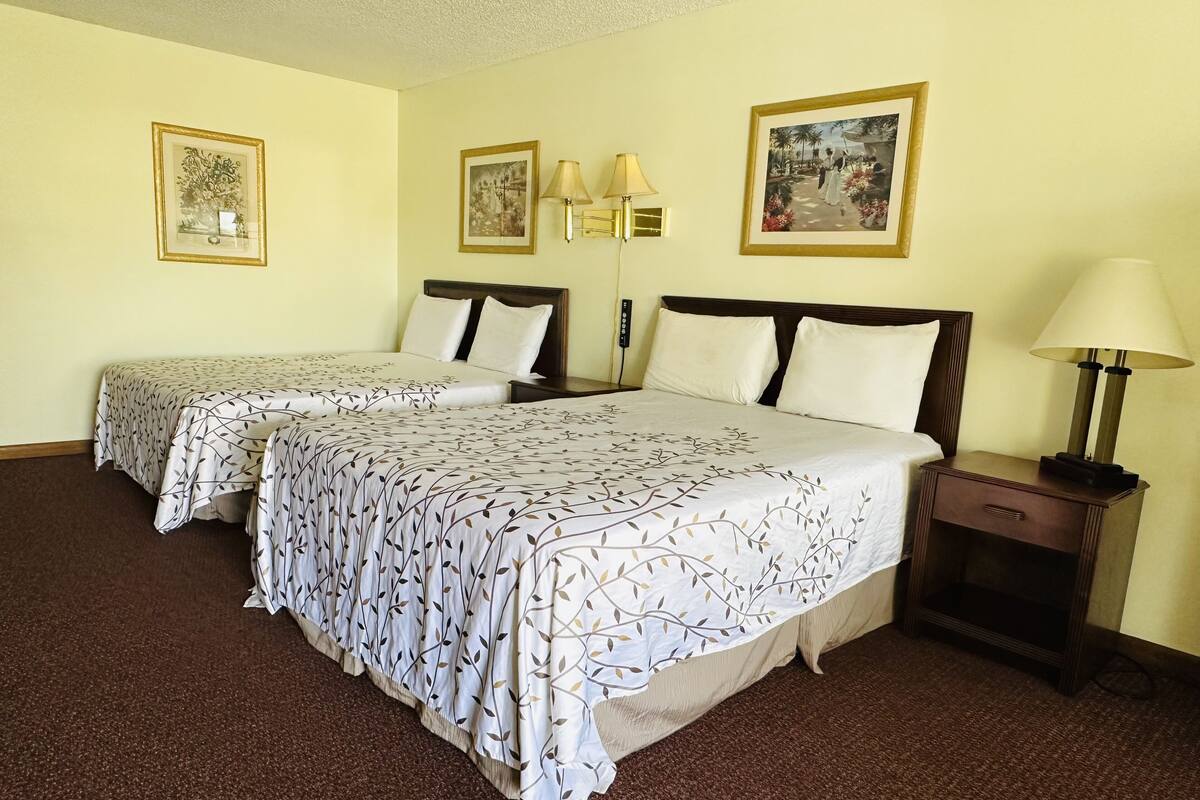 Une chambre d’hôtel avec deux lits, une table de chevet, une lampe et deux tableaux encadrés au mur.