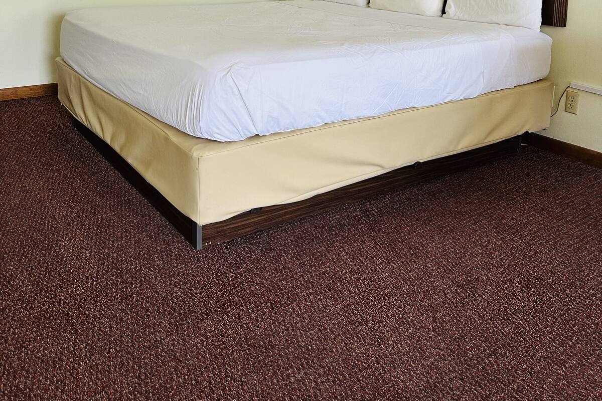 Un lit bien fait dans une chambre d’hôtel, avec une tête de lit, une lampe fixée au mur et un tableau encadré au-dessus du lit.