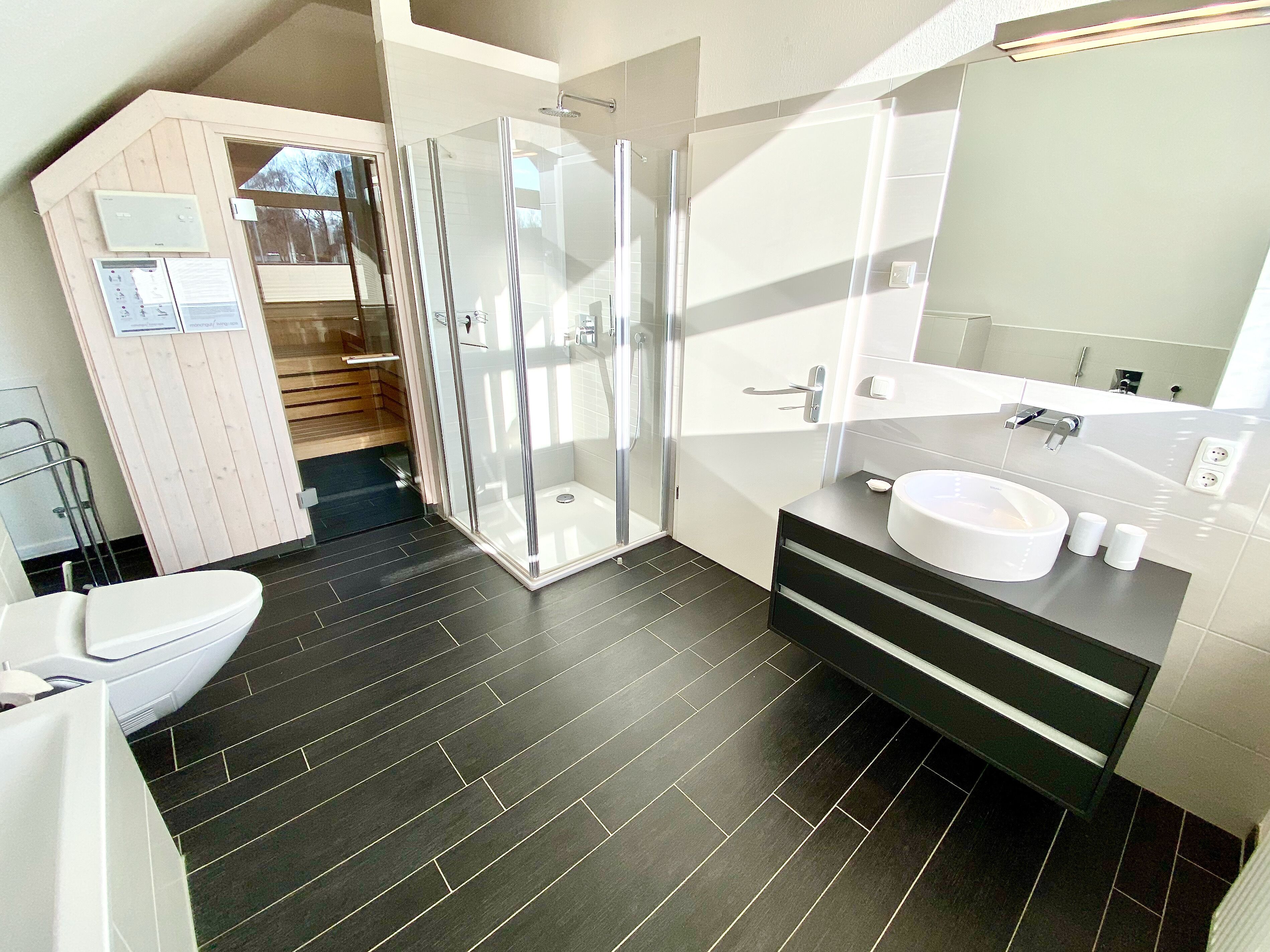 A modern bathroom with a glass shower enclosure, a toilet, and a sink with a mirror.