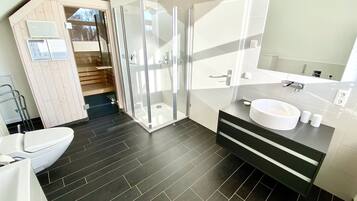 A modern bathroom with a glass shower enclosure, a toilet, and a sink with a mirror.