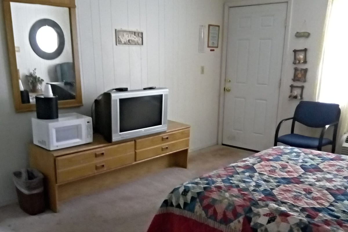 A bedroom with a bed, a television on a wooden dresser, a microwave, and a door.