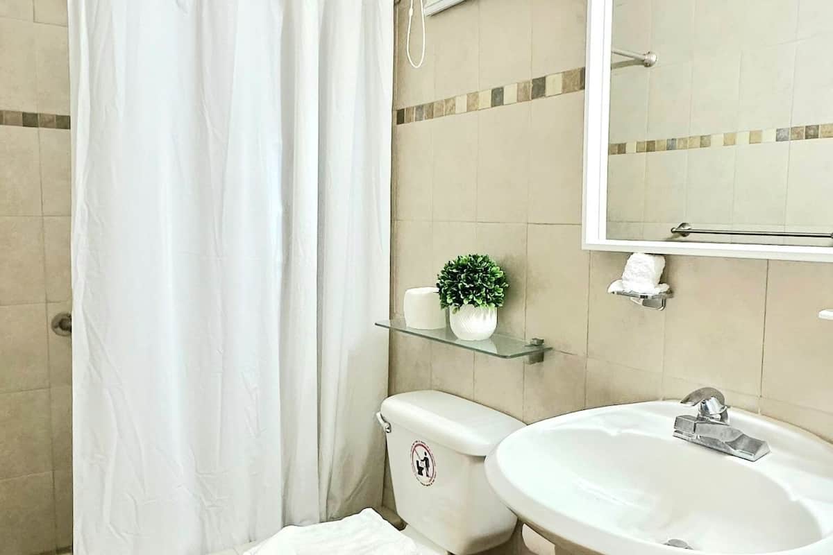 standard double room | bathroom | shower, hair dryer, towels