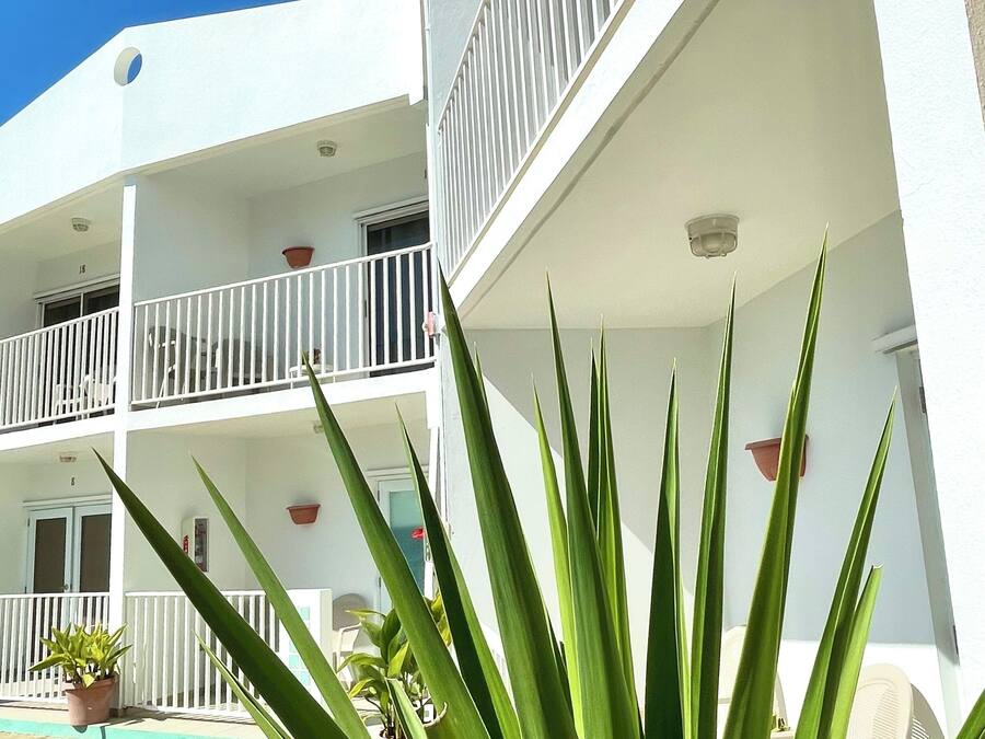 A multi-story building with balconies, potted plants, and a clear blue sky.