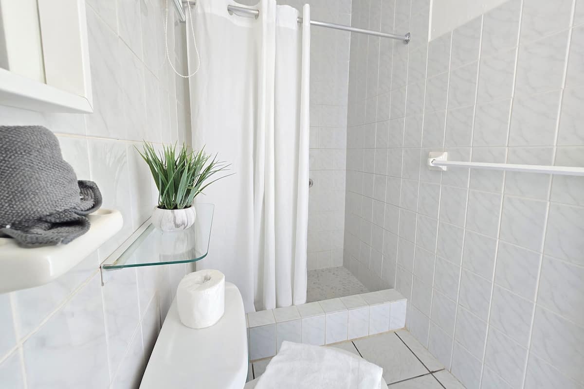 standard double room | bathroom | shower, hair dryer, towels