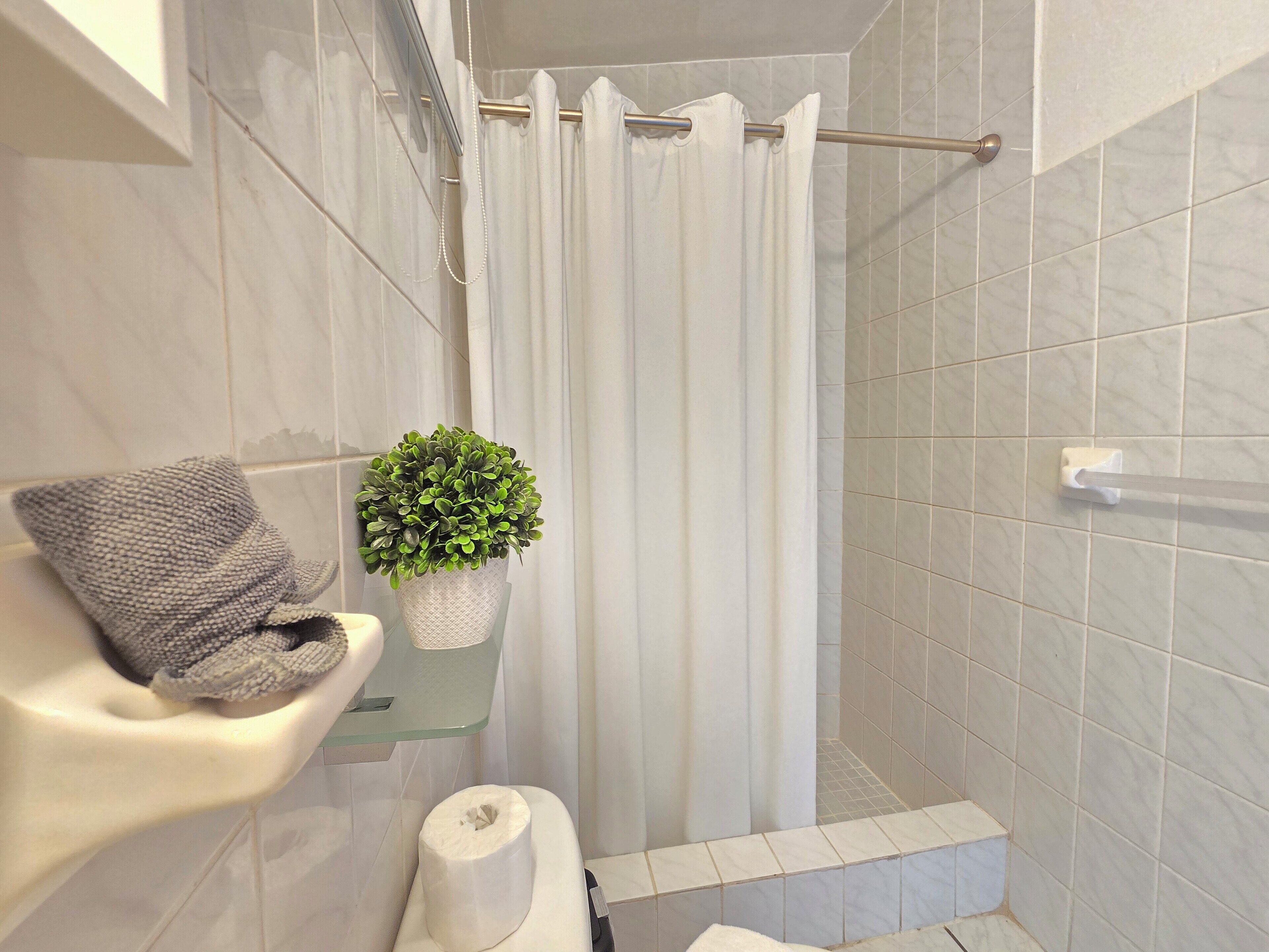 Un baño con cortina de ducha, una toalla, un rollo de papel higiénico y una planta en maceta.