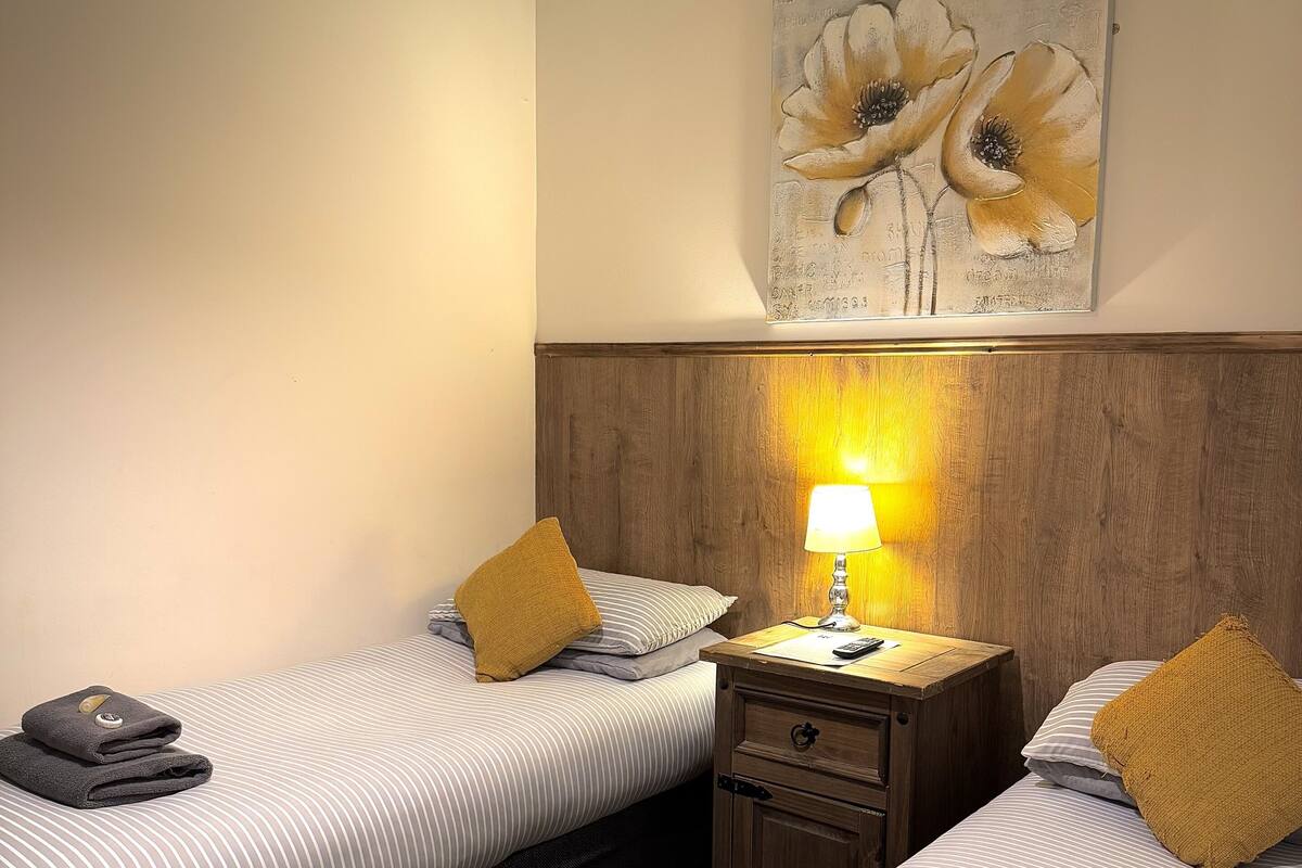 Une chambre d’hôtel avec deux lits, une table de chevet avec une lampe et un tableau au mur.