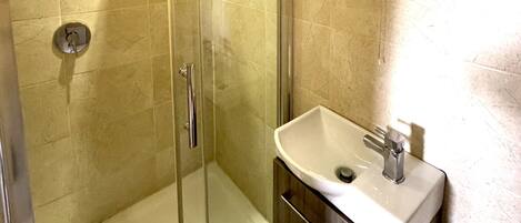 A glass-enclosed shower with a vanity and a mirror.