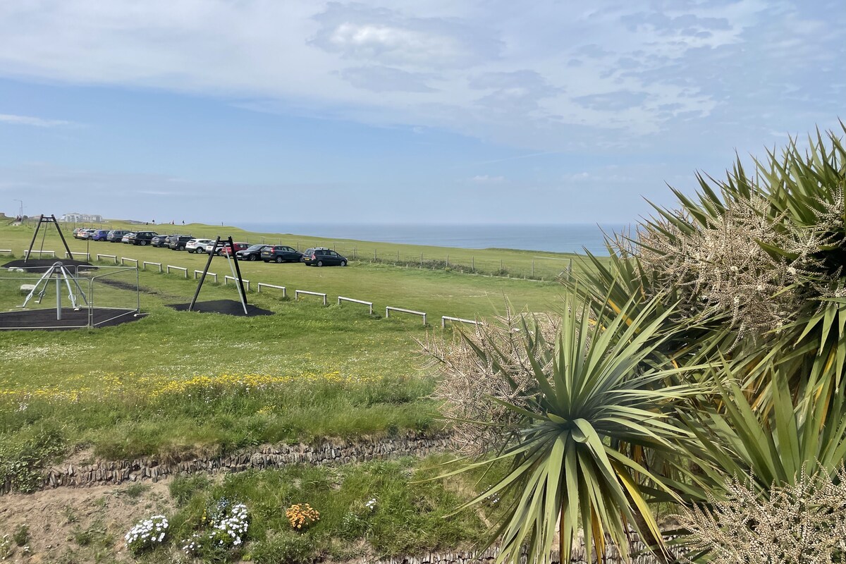 Un campo cubierto de césped con un parque infantil, una fila de coches aparcados y vistas al mar.
