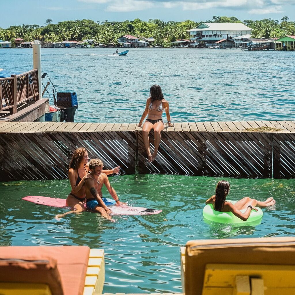 A wooden dock extending into a body of water with people sitting and floating.