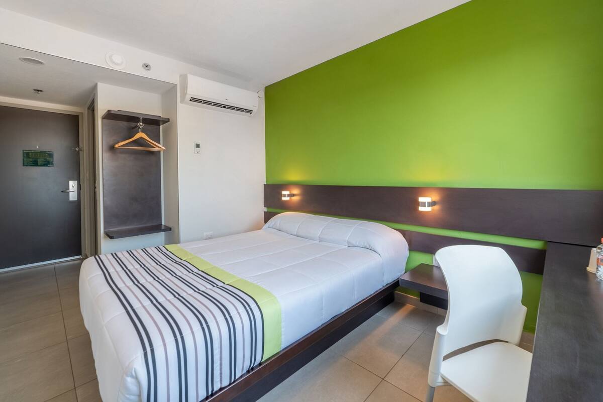 Una habitación de hotel con una cama, una silla, un escritorio y una pared verde decorativa.