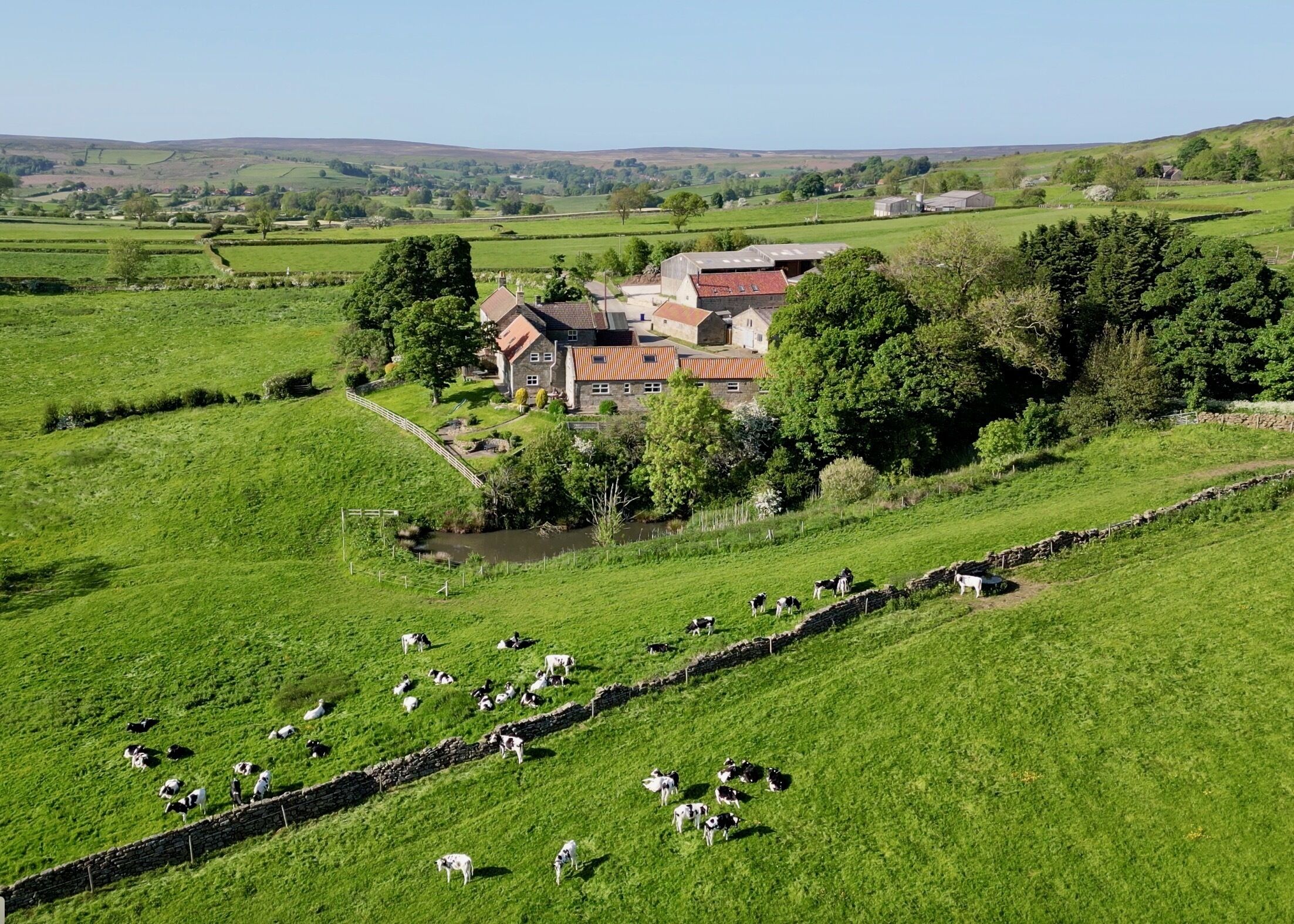 A rural landscape with a house surrounded by fields and a stone wall.