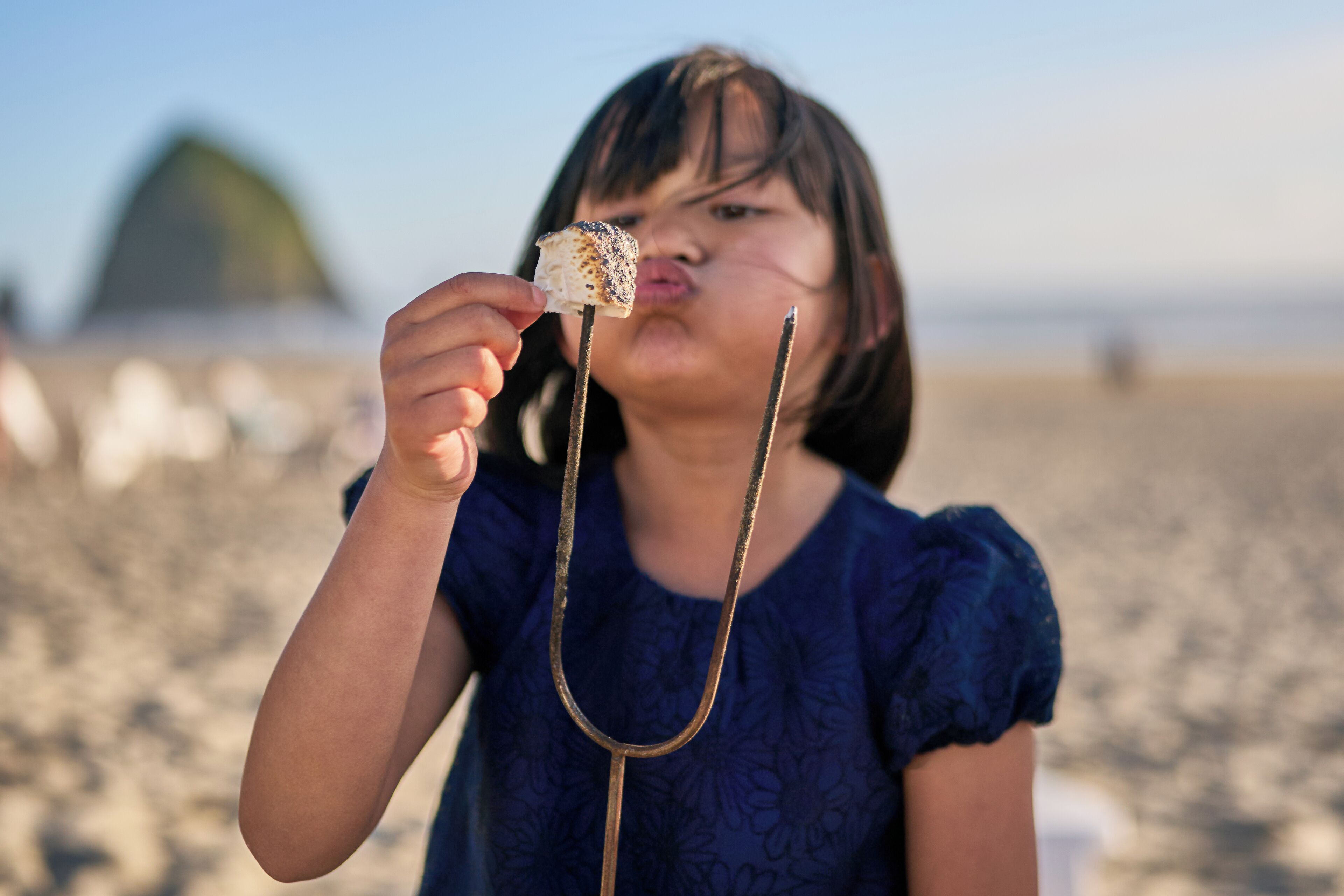 A person holding a marshmallow on a stick, with a beach and a structure in the background.