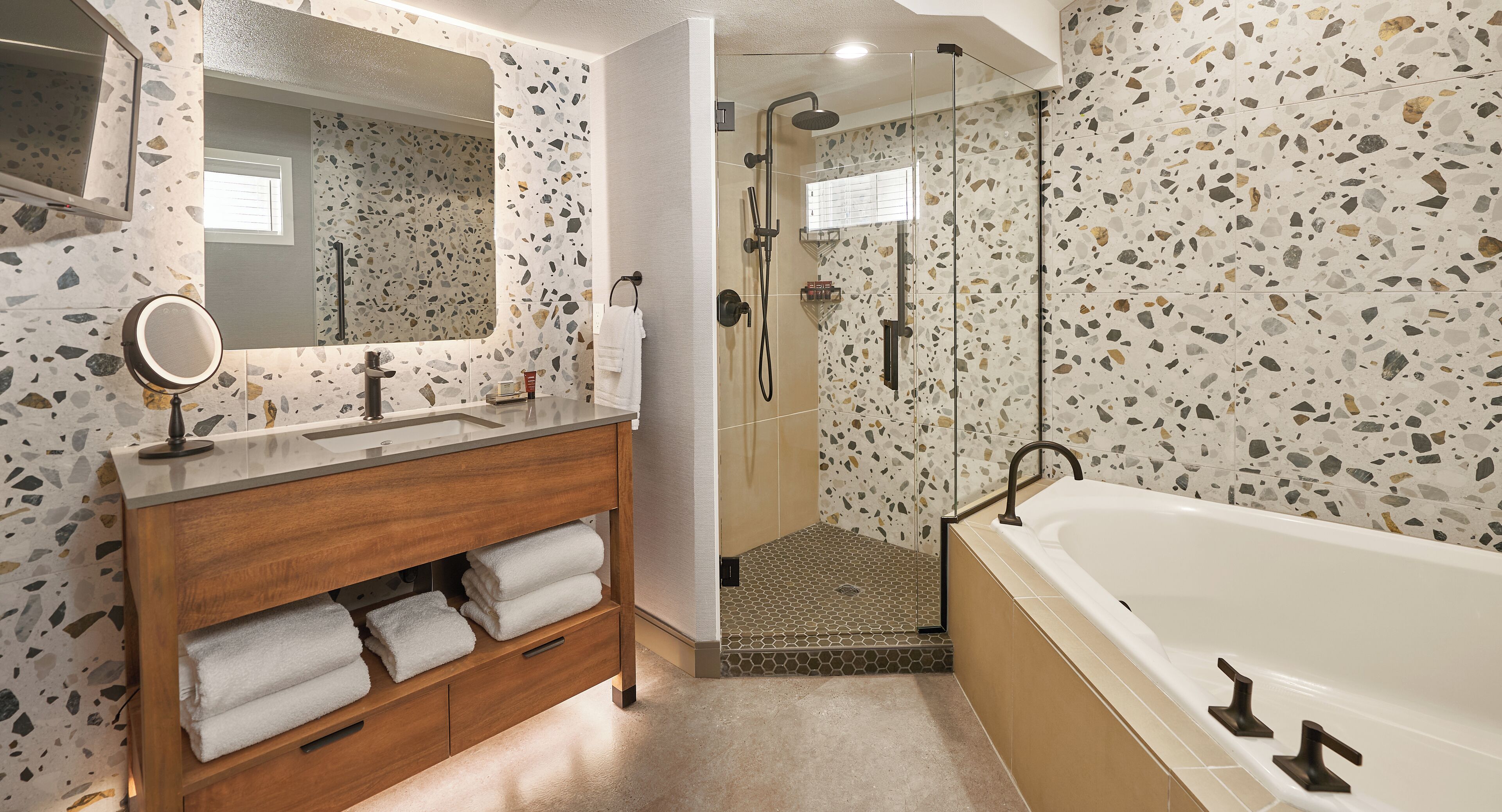 oceanfront king studio adjoining | bathroom | designer toiletries, hair dryer, slippers, towels