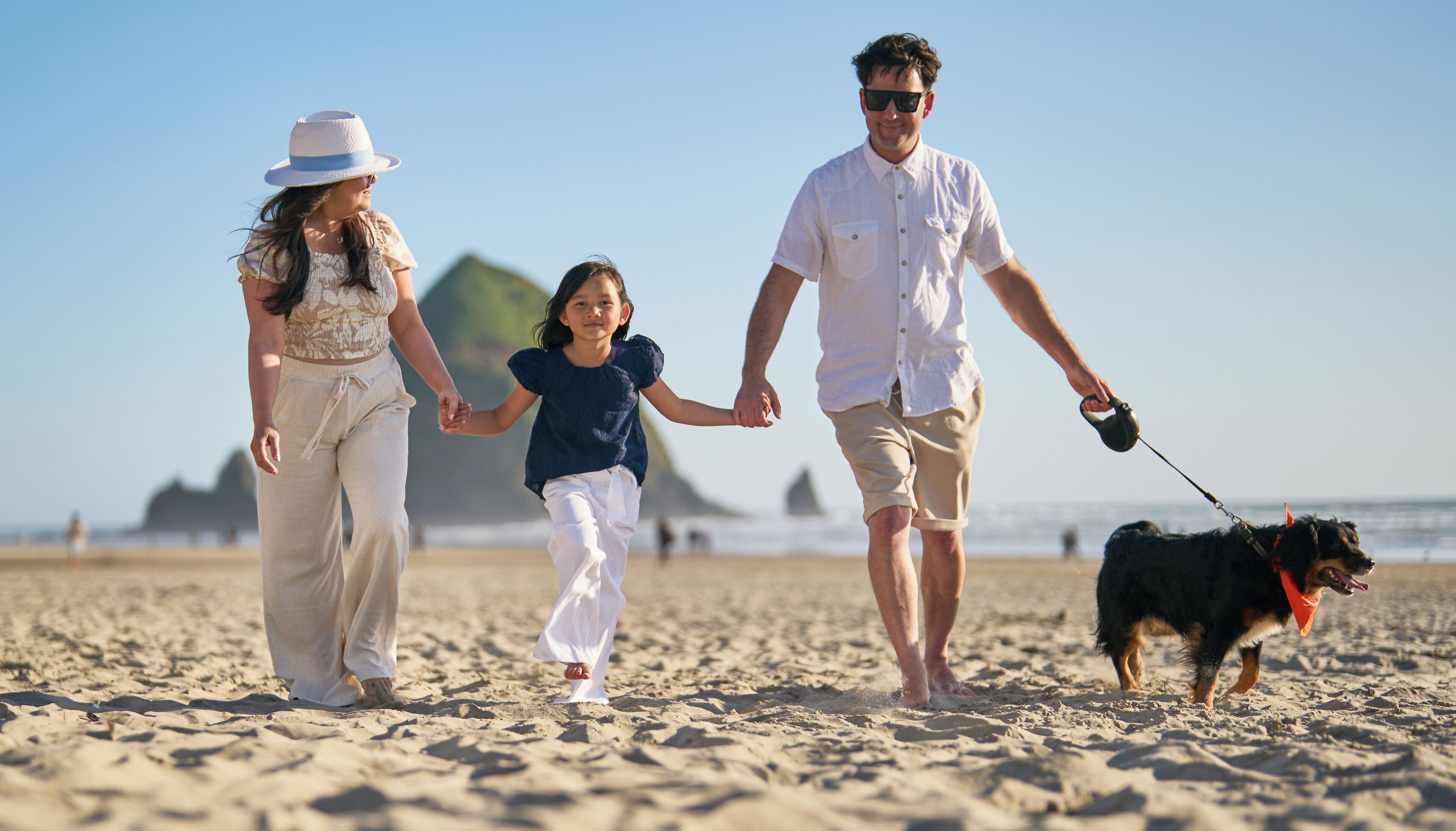 A family walking on a sandy beach with a dog.