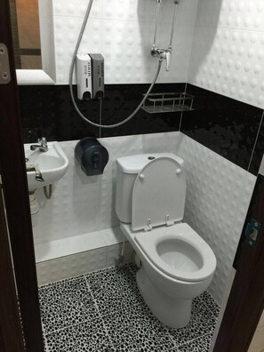 Un baño pequeño con inodoro, bidé y lavabo.