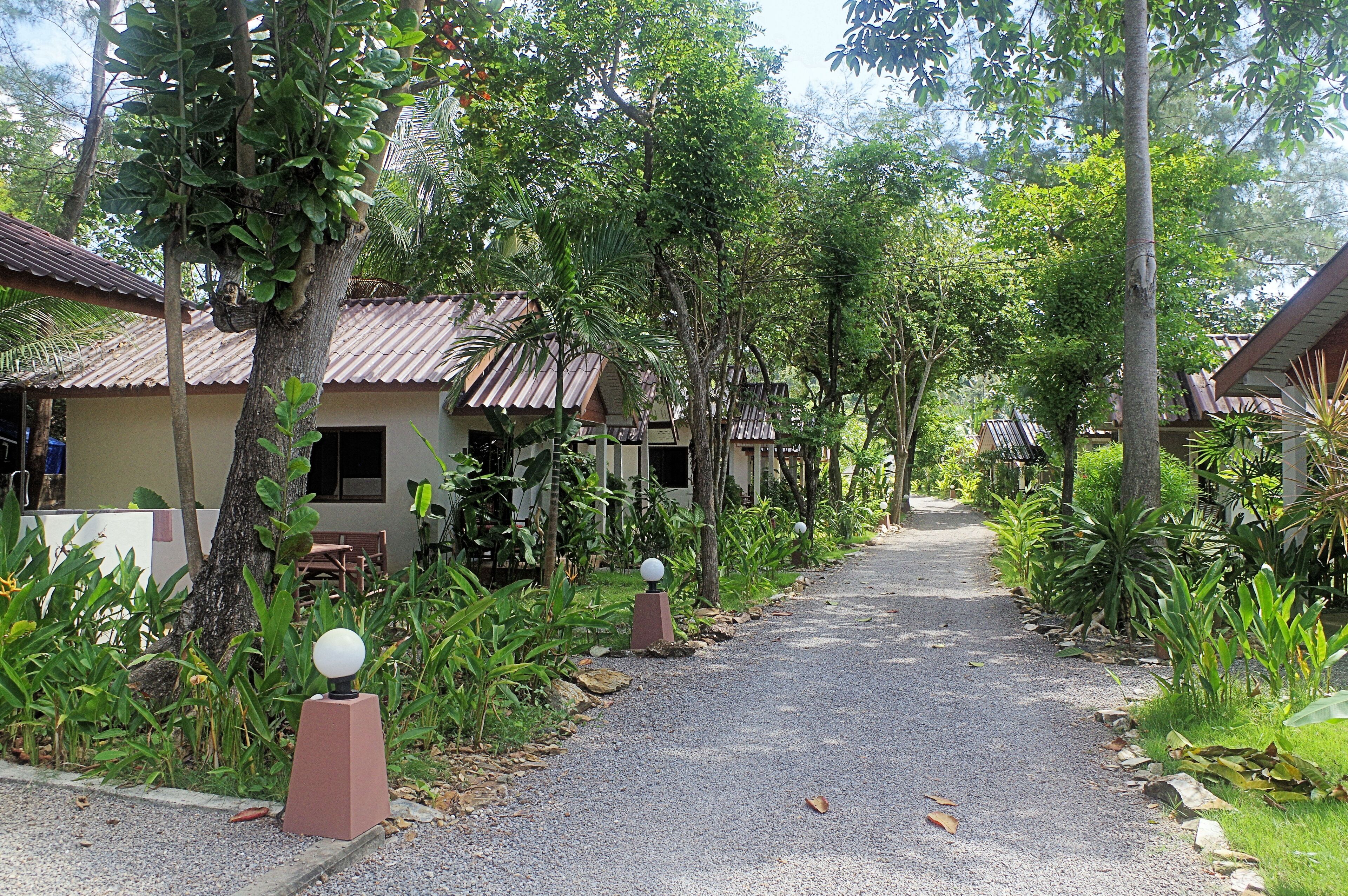 A pathway lined with trees and small buildings, suggesting a resort or lodge setting.