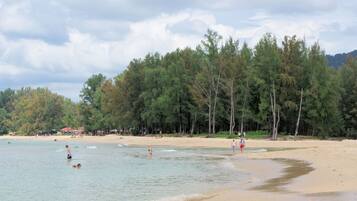 A beach with clear water, a sandy shore, and a forested area in the background.