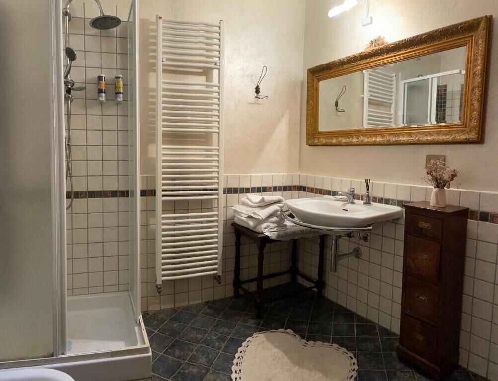 A bathroom with a shower, a sink, a mirror, and a towel rack.