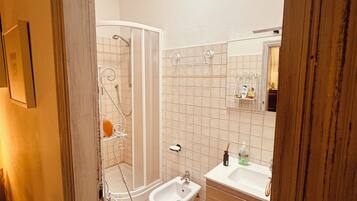 A bathroom with a shower, bidet, sink, and mirror.