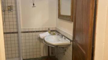 A bathroom with a shower, a sink, and a toilet.
