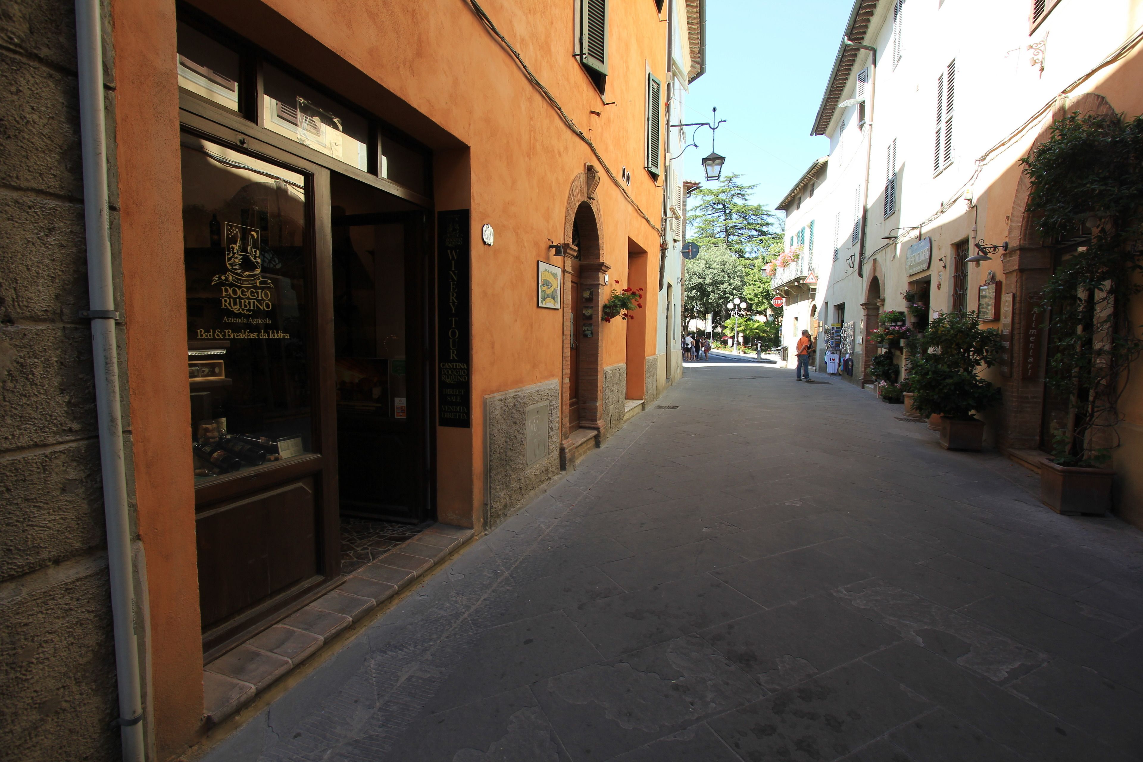A narrow street with buildings on either side, a shop with a sign reading "DOGGIO RUBINO Bed & Breakfast," and potted plants along the sidewalk.