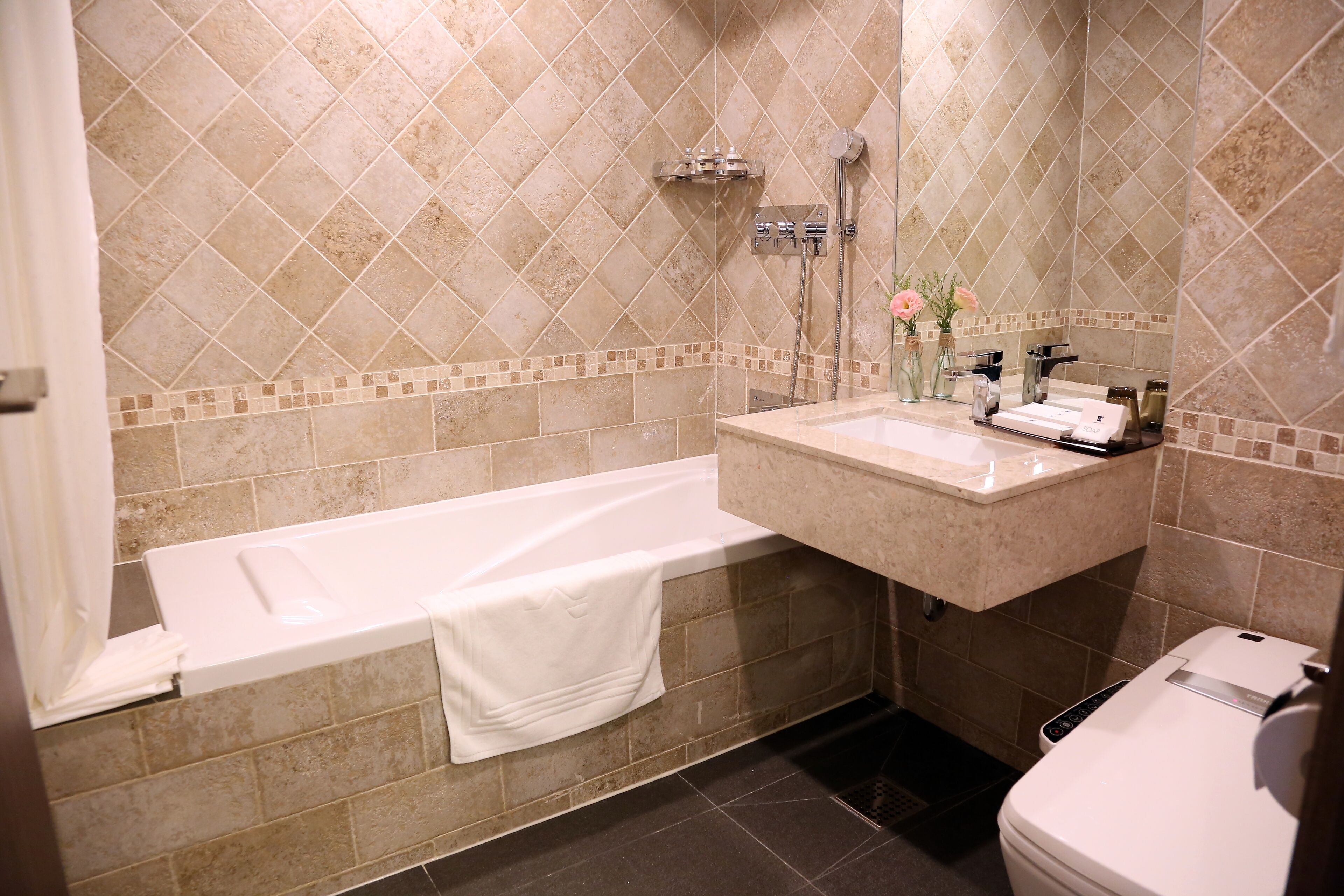 hair dryer, bathrobes, slippers, bidet