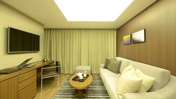 Ropa de cama de alta calidad y caja de seguridad en la habitación