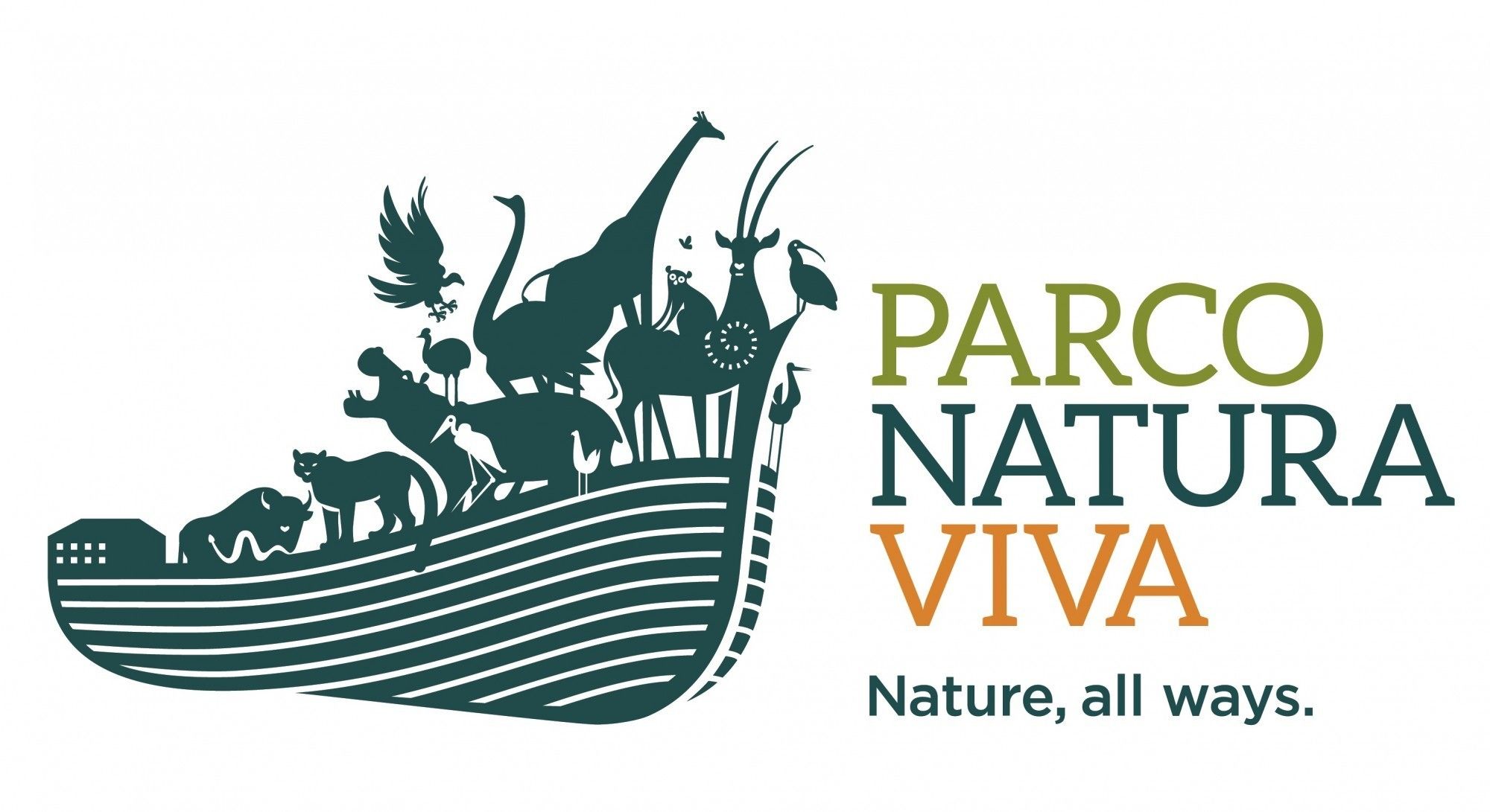 Un logotipo con varios animales en un bote, y el texto 'PARCO NATURA VIVA' con el eslogan 'Naturaleza, de todas las formas.'