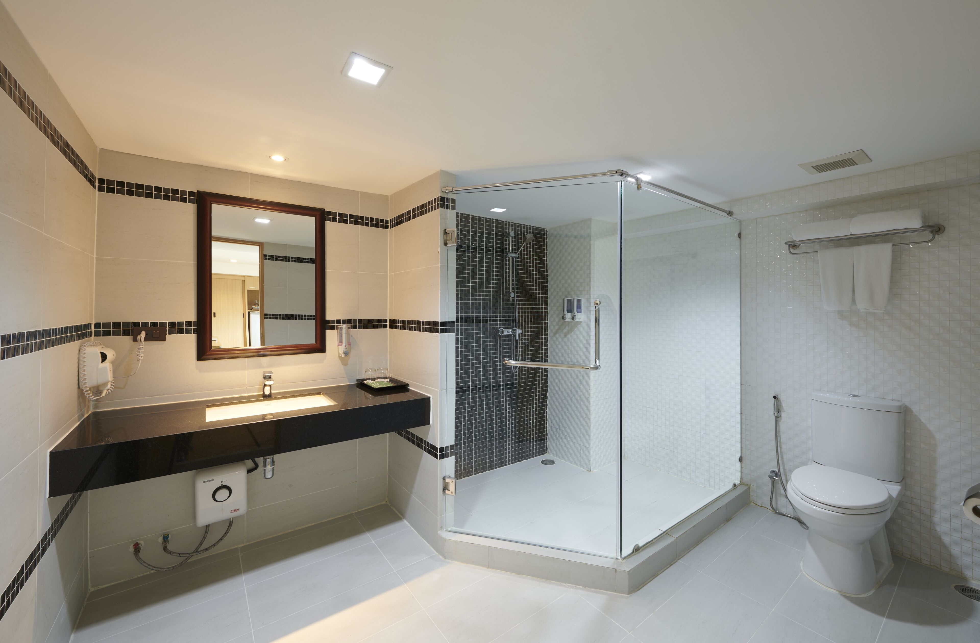 deluxe double room | bathroom | shower, free toiletries, hair dryer, bathrobes