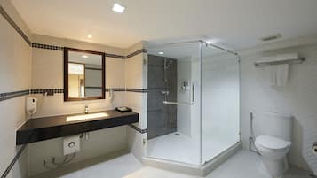 Un baño moderno con ducha envuelta en vidrio, un lavamanos con espejo y un inodoro.