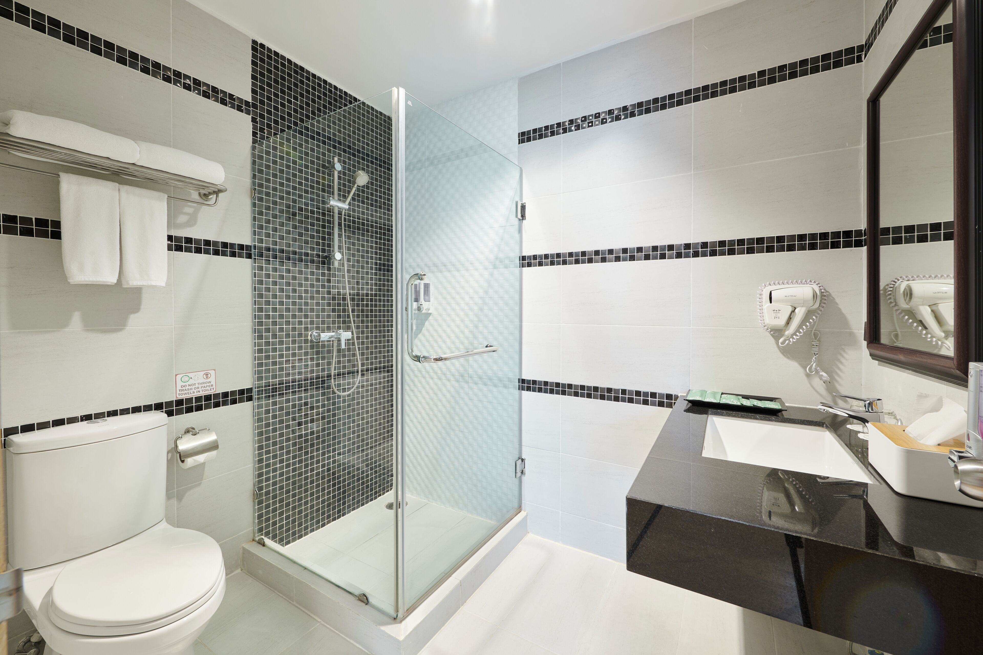 shower, free toiletries, hair dryer, bathrobes