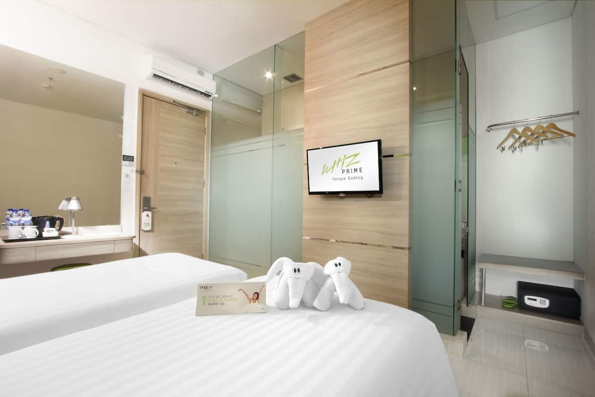 Habitación de hotel con dos camas, televisión, espejo, perchero y una pequeña mesa con cafetera.
