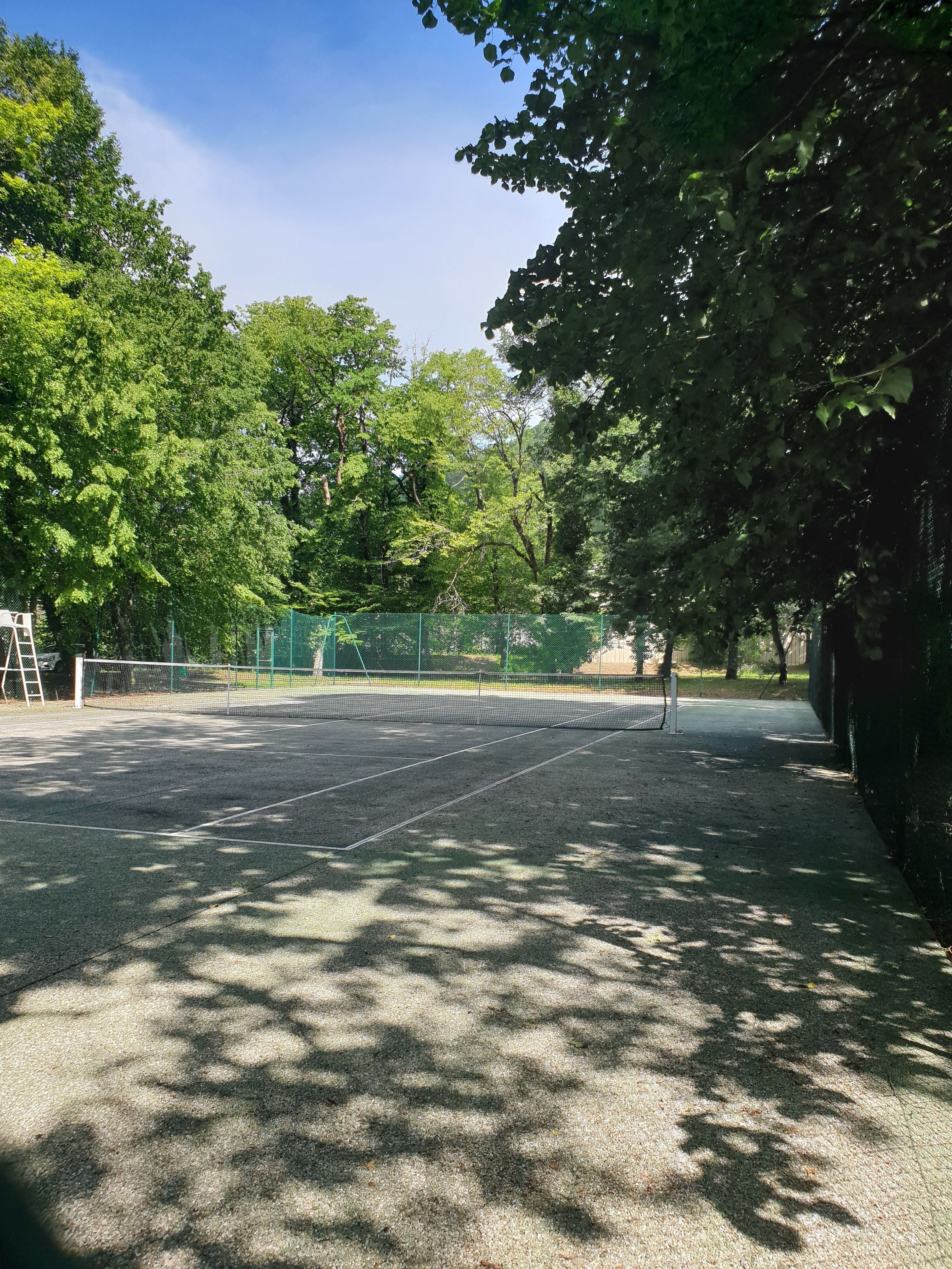 Ein Tennisplatz im Freien, umgeben von Bäumen.