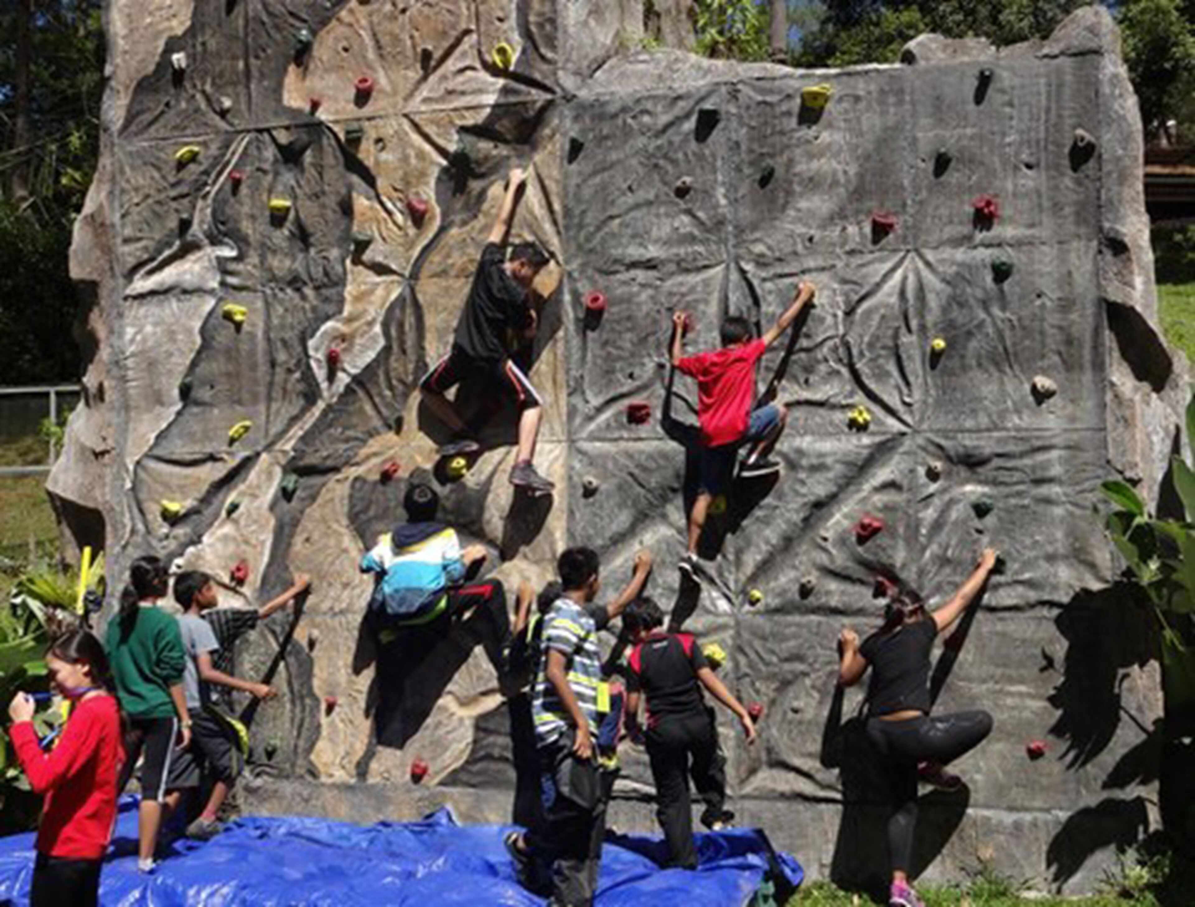 Un muro de escalada grande con diversas rutas y escaladores de diferentes niveles de experiencia.