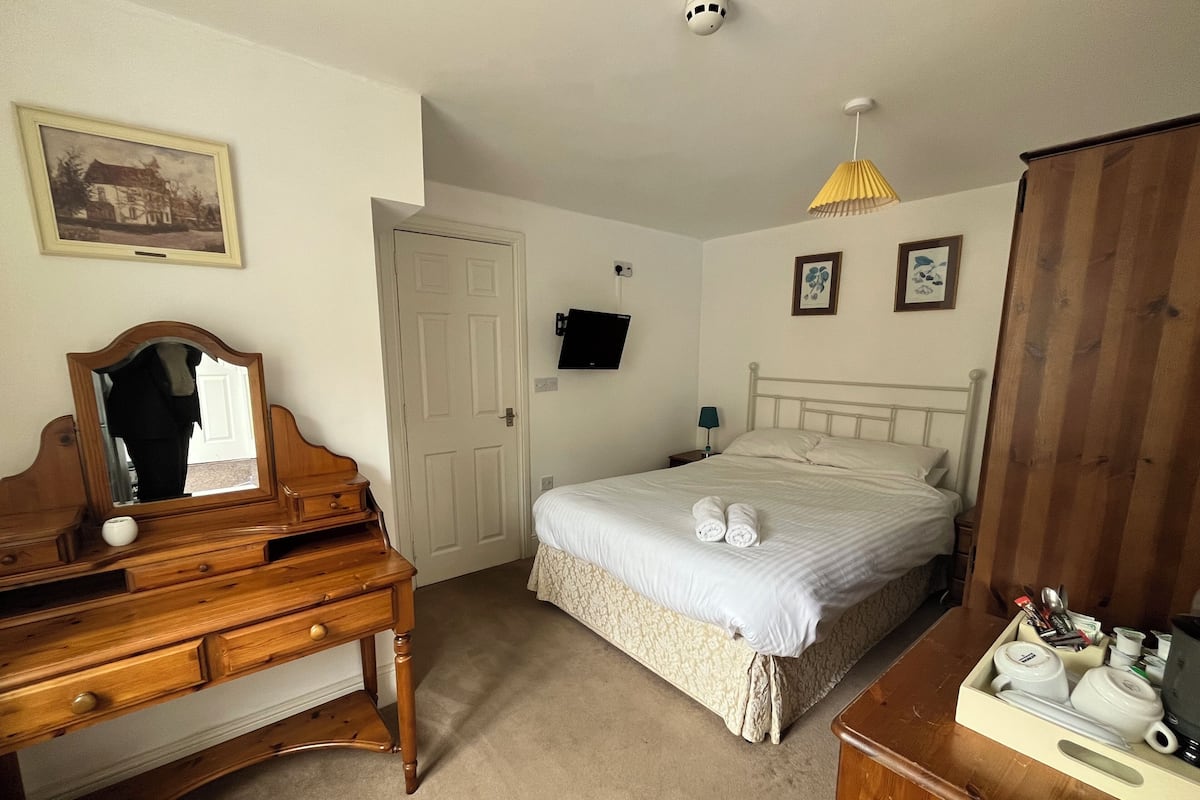 A bedroom with a bed, a wooden dresser, a mirror, a door, and a wall-mounted TV.