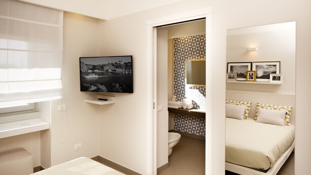 A hotel room with a bed, a television, a bathroom with a toilet, and a shower. - MelRose Relais (Massa Lubrense)