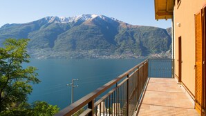 Un balcón con vistas a una montaña y un lago.