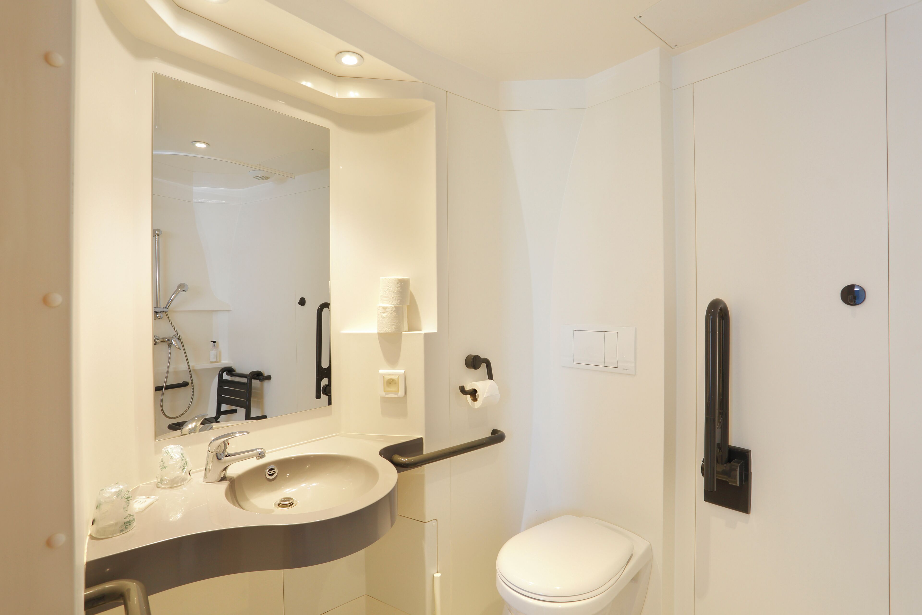 Driepersoonskamer | Badkamer | Een douche, gratis toiletartikelen, een haardroger, handdoeken