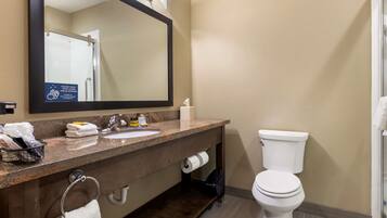 A bathroom with a sink, mirror, towel rack, toilet, and a shower area.
