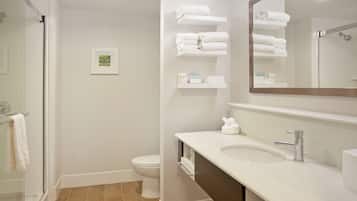 A bathroom with a glass shower enclosure, a white toilet, and a sink with a mirror above it.