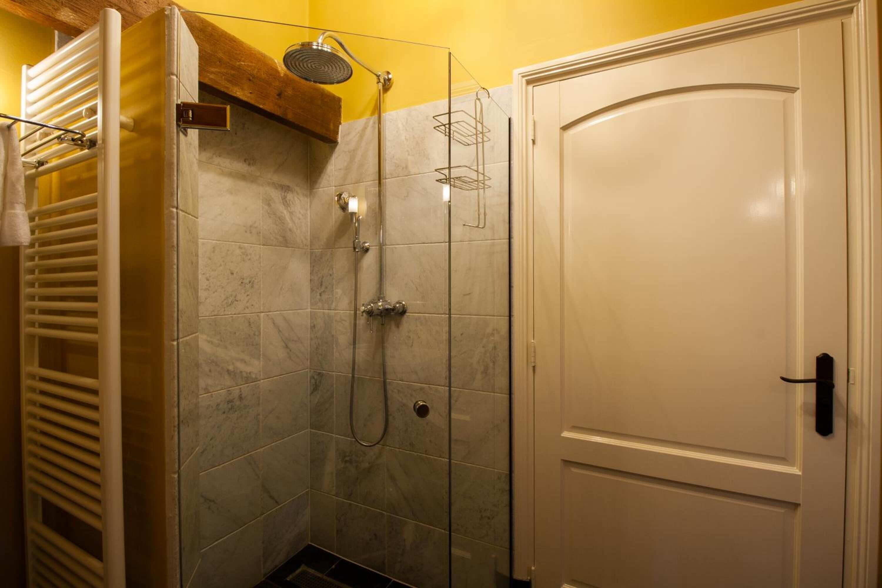 A bathroom with a glass shower enclosure, a towel rack, and a door.