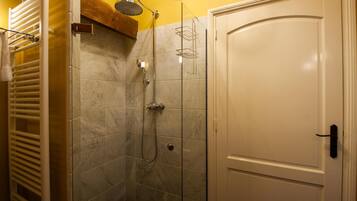 A bathroom with a glass shower enclosure, a towel rack, and a door.