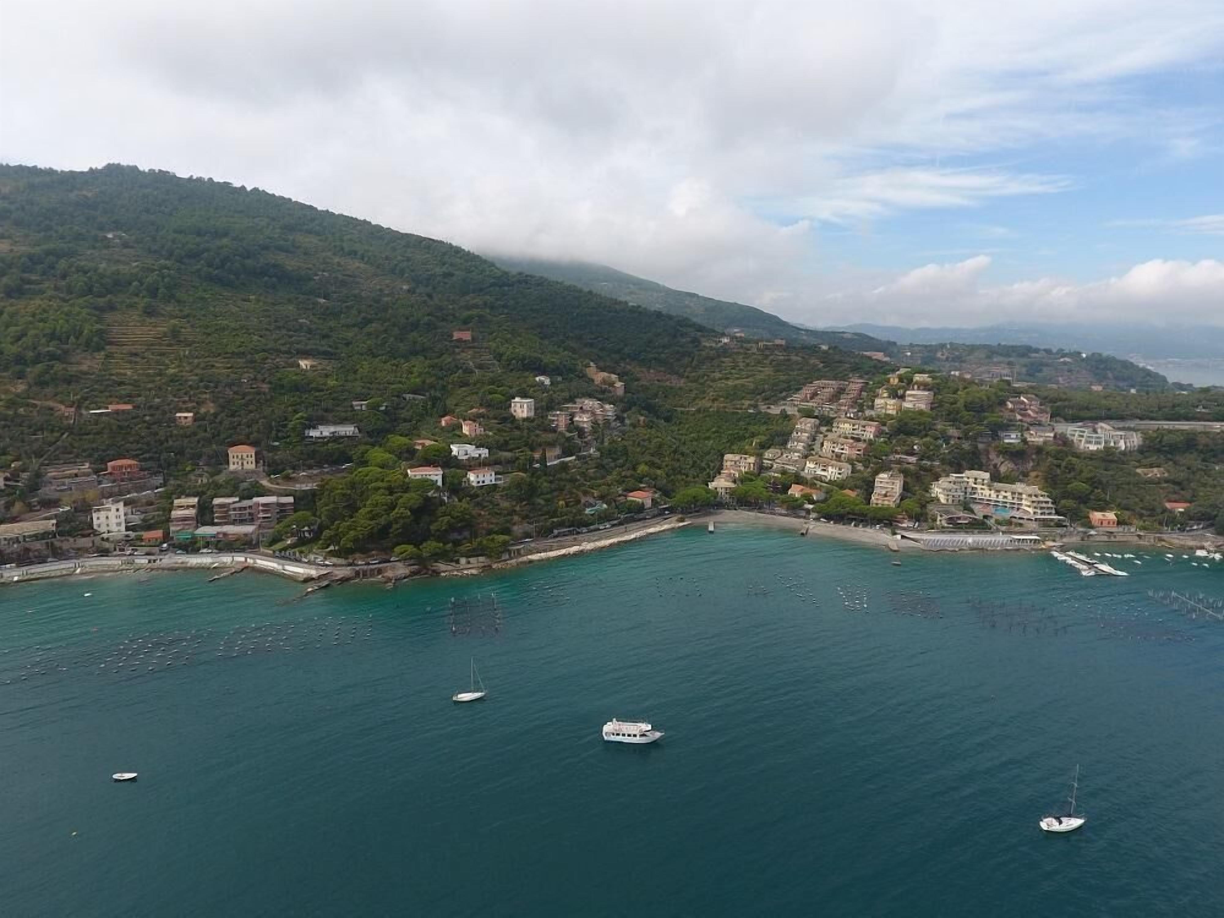 Un pueblo costero con edificios a lo largo de la costa, barcos en el agua y un fondo montañoso.