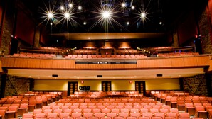 Une grande salle de conférence dotée de gradins et d’une scène à l’avant.