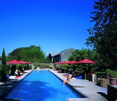Outdoor pool, pool umbrellas, sun loungers