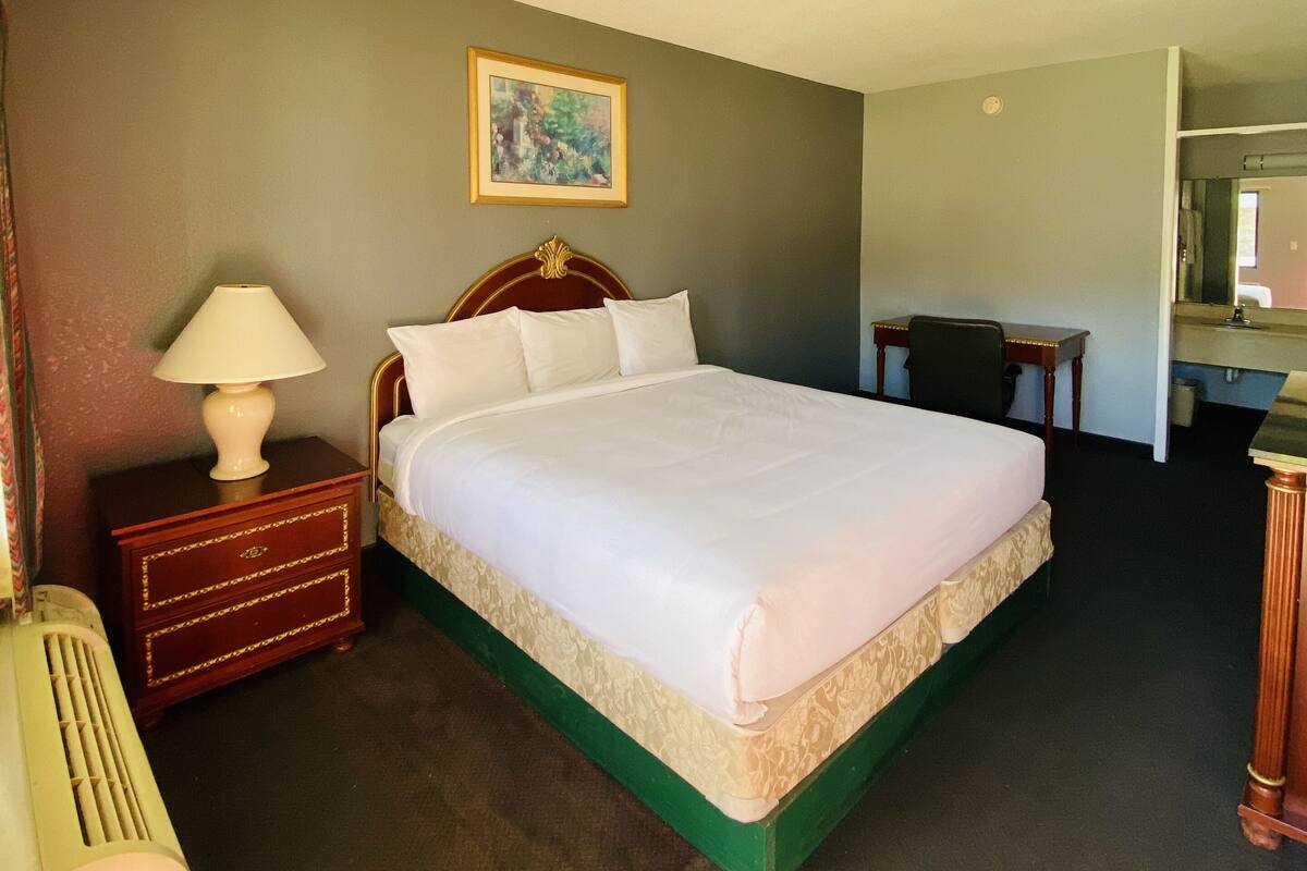 A hotel room with a large bed, a desk, a chair, a lamp, and a painting on the wall.